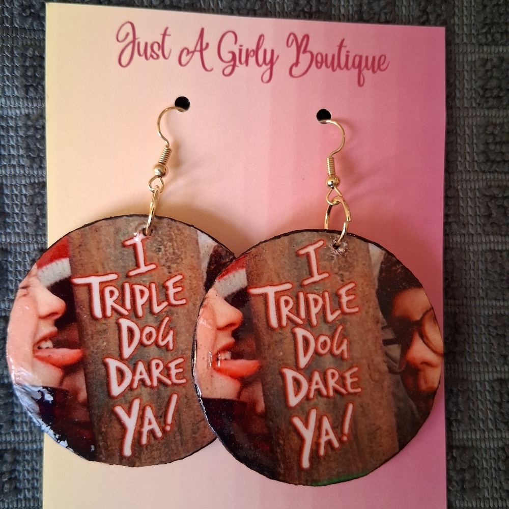 Funny Christmas Earrings | “I Triple Dog Dare Ya” | Retro Movie Quote Jewelry |